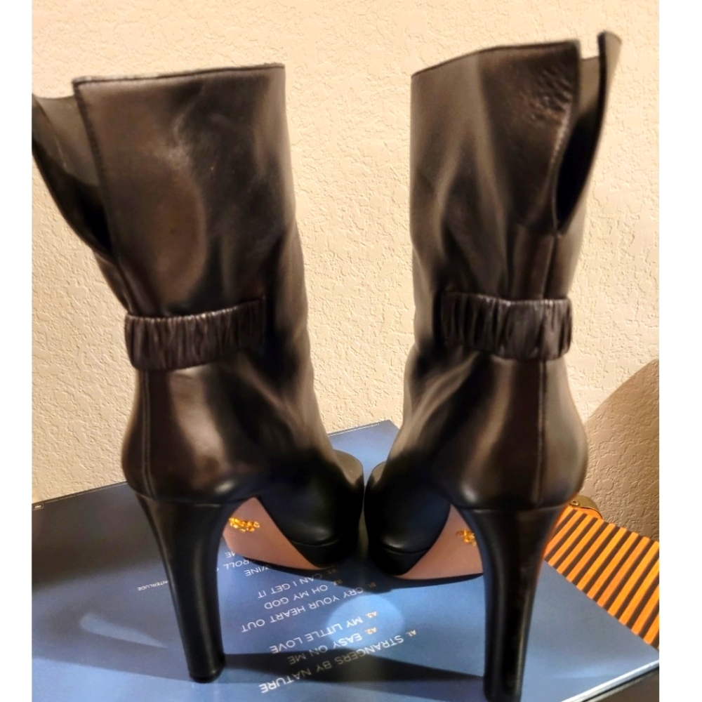 Prada Black Platform Peep Toe Booties, Sz 39